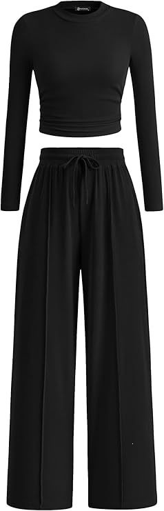 2-Piece Ribbed Knit Long Sleeve Crop Top Wide Leg Pants Matching Lounge Set Loungewear
