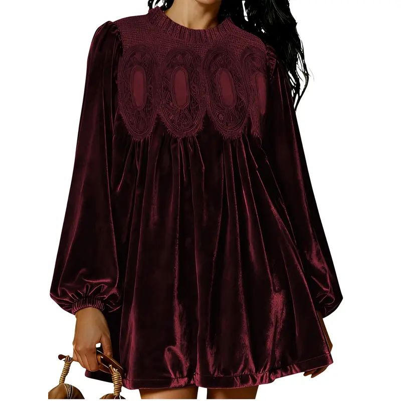 Womens A-Line Velvet Lace Overall Pleated Babydoll Mini Dress Casual Scallop Neck Flared Swing Dress