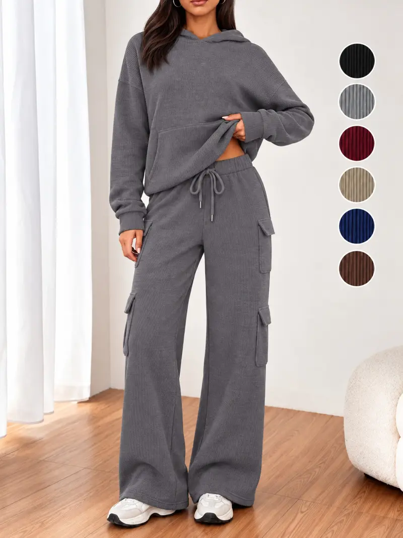 Women’s 2 Piece Ribbed Hoodie Set, Long Sleeve Pullover & Wide Leg Cargo Pants, Casual Lounge for Fall Winter, Holiday Gift