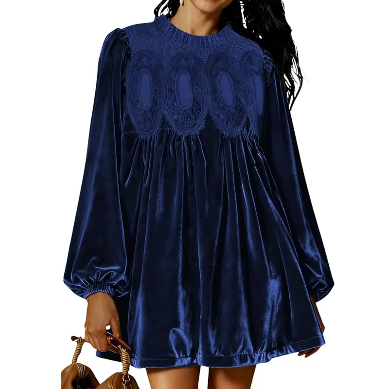 Womens A-Line Velvet Lace Overall Pleated Babydoll Mini Dress Casual Scallop Neck Flared Swing Dress