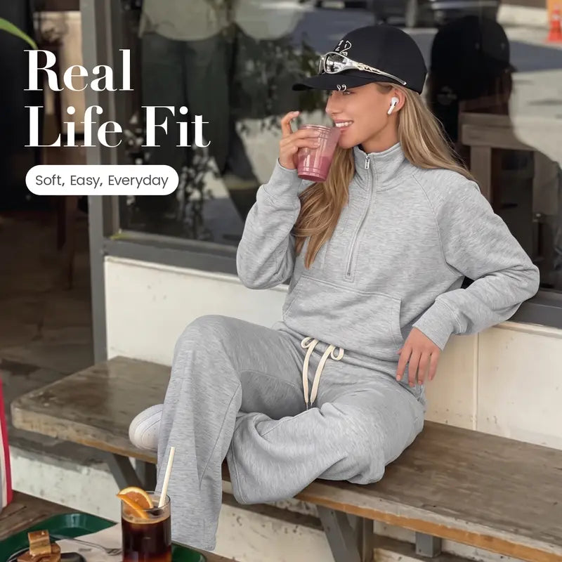 Women's 2-Piece Chic Ribbed Silk-Like Loungewear Set - Drop-Shoulder Oversized Half-Zip Pullover Top with Thumbholes, High-Waist Wide-Leg Pants (Skim, Not Hug) - Fitness & Outdoor Travel Essentials