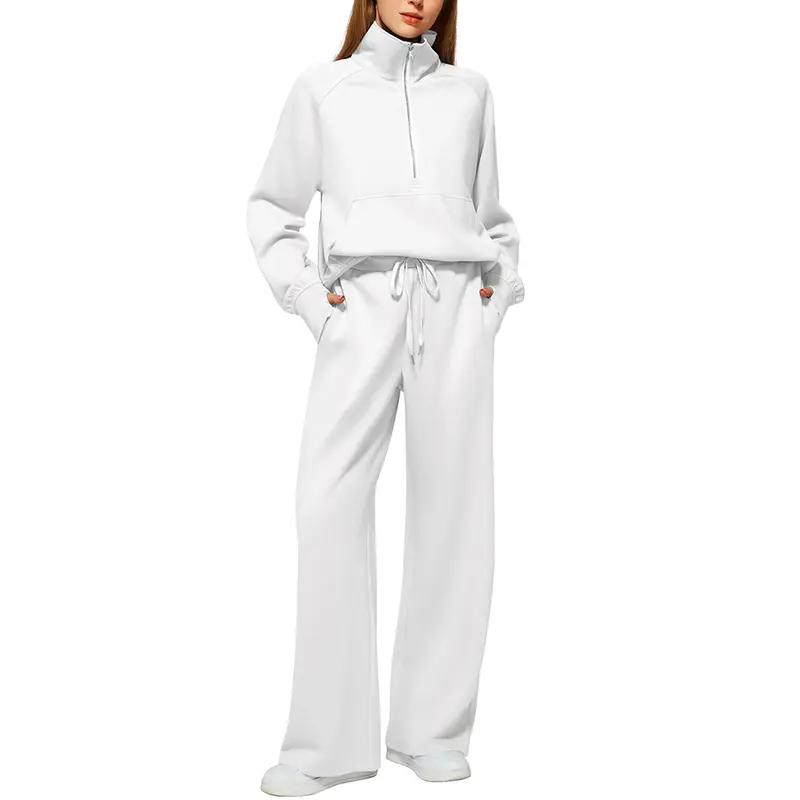 Women's 2-Piece Chic Ribbed Silk-Like Loungewear Set - Drop-Shoulder Oversized Half-Zip Pullover Top with Thumbholes, High-Waist Wide-Leg Pants (Skim, Not Hug) - Fitness & Outdoor Travel Essentials