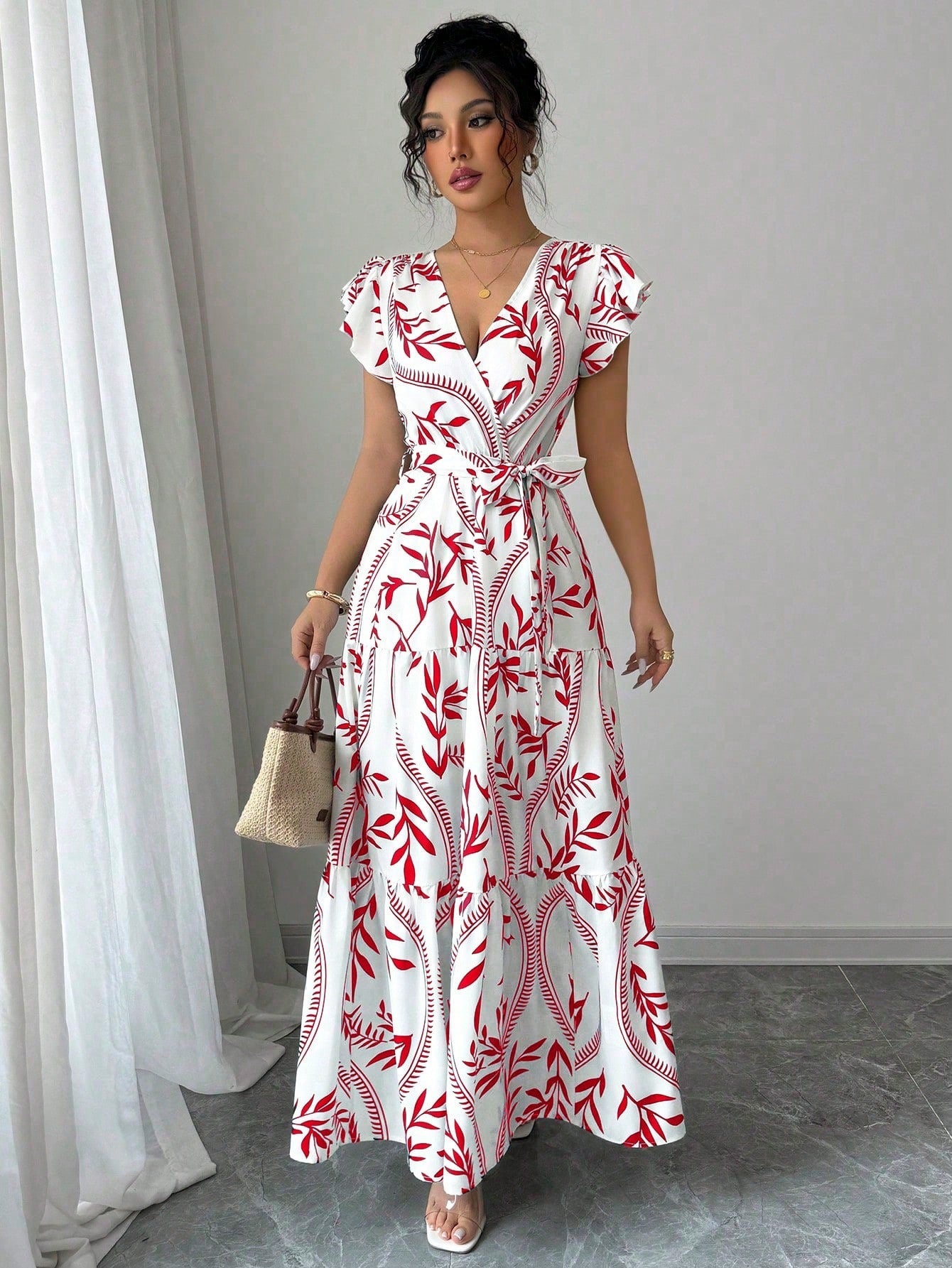 Bamboo Leaf Print V-Neck Maxi Dress