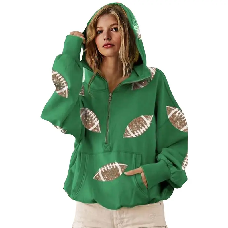 Women's Oversized Game Day Hoodie Casual Long‑Sleeve Half‑Zip Pullover with Sequin Football Print Kangaroo Pocket