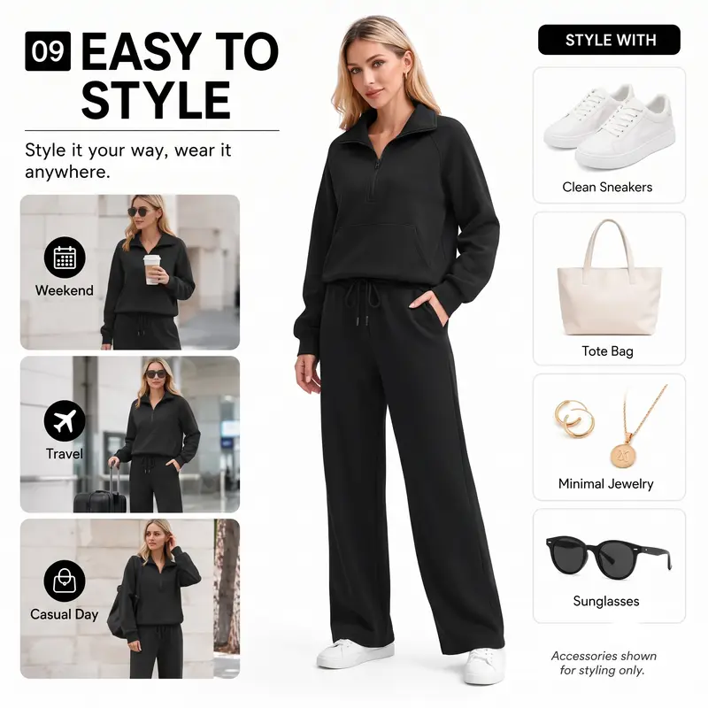 Women's 2-Piece Chic Ribbed Silk-Like Loungewear Set - Drop-Shoulder Oversized Half-Zip Pullover Top with Thumbholes, High-Waist Wide-Leg Pants (Skim, Not Hug) - Fitness & Outdoor Travel Essentials