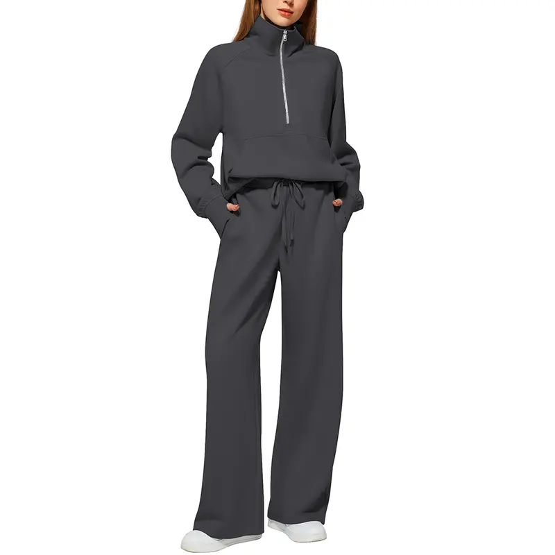 Women's 2-Piece Chic Ribbed Silk-Like Loungewear Set - Drop-Shoulder Oversized Half-Zip Pullover Top with Thumbholes, High-Waist Wide-Leg Pants (Skim, Not Hug) - Fitness & Outdoor Travel Essentials