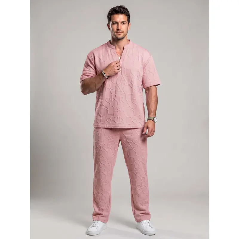 Men’s Textured Short Sleeve Top & Drawstring Pants Set – Casual Two-Piece Outfit