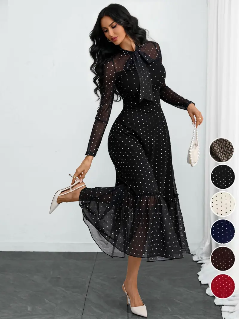 Women's Polka Dot Bow-Neck Ruffle Hem Midi Dress