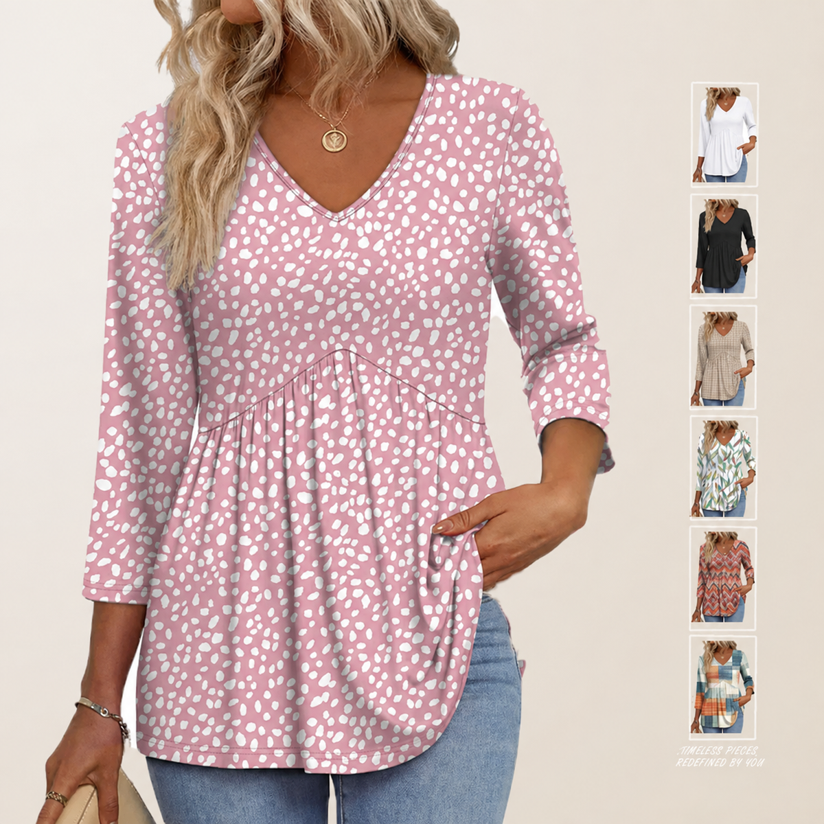 Women’s 3/4 Sleeve V-Neck Babydoll Blouse – Dressy Casual Top