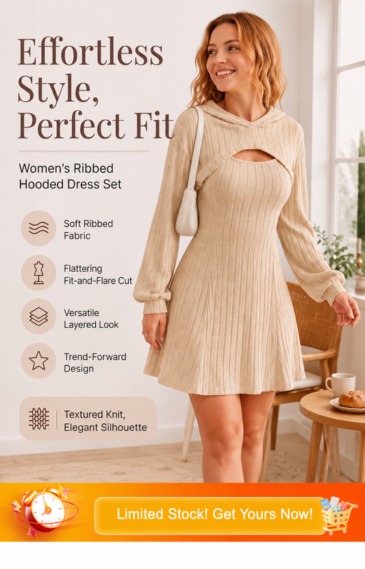 Women's Ribbed Knit Two-Piece Dress Set – Hooded Long-Sleeve Top & Sleeveless Mini Dress