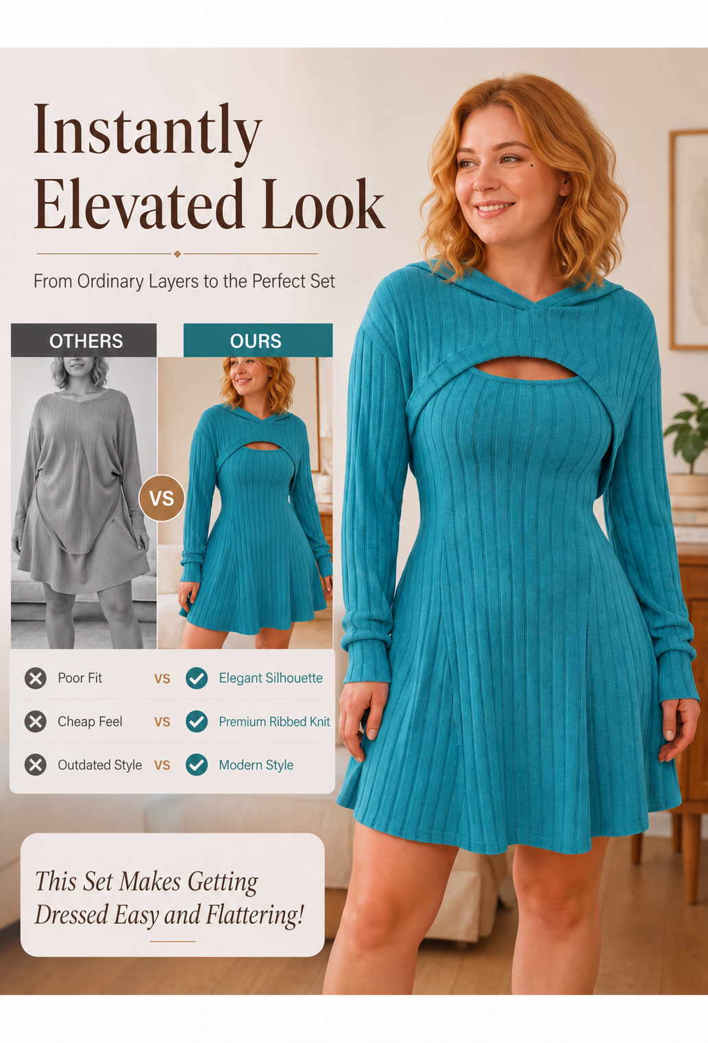 Women's Ribbed Knit Two-Piece Dress Set – Hooded Long-Sleeve Top & Sleeveless Mini Dress