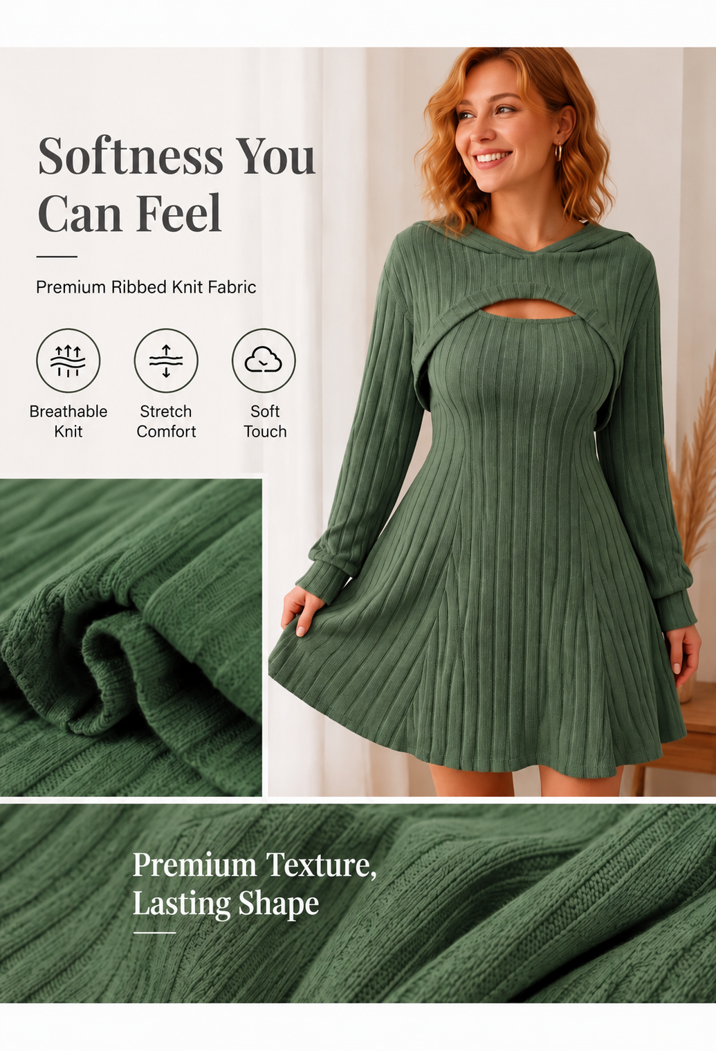 Women's Ribbed Knit Two-Piece Dress Set – Hooded Long-Sleeve Top & Sleeveless Mini Dress