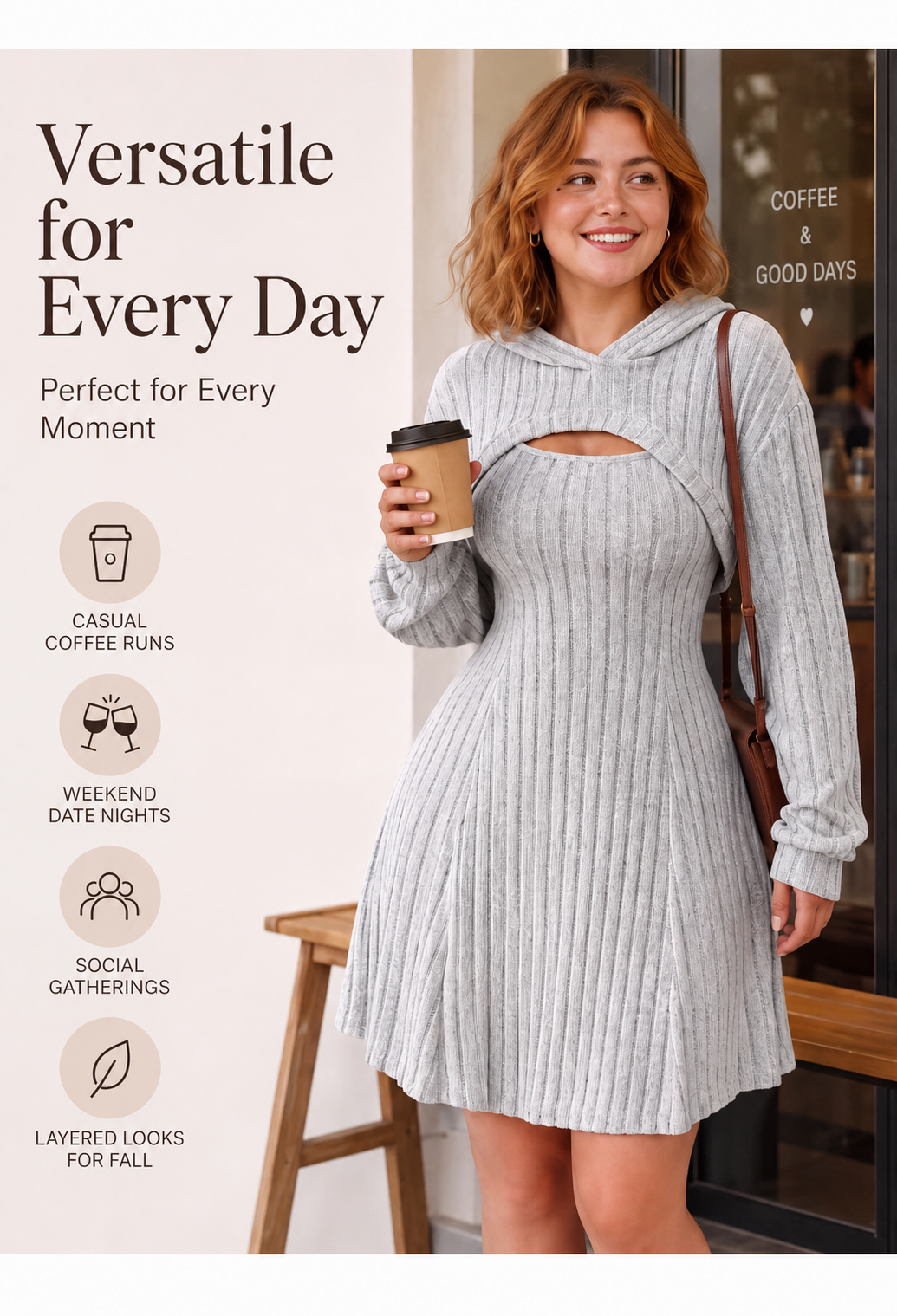 Women's Ribbed Knit Two-Piece Dress Set – Hooded Long-Sleeve Top & Sleeveless Mini Dress