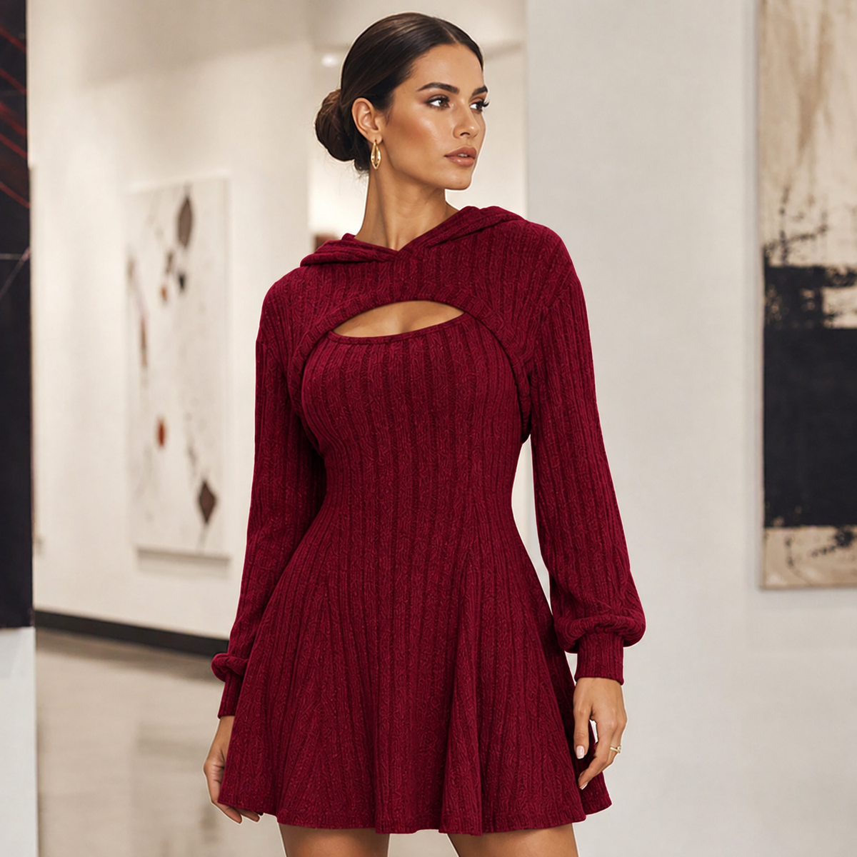 Women's Ribbed Knit Two-Piece Dress Set – Hooded Long-Sleeve Top & Sleeveless Mini Dress