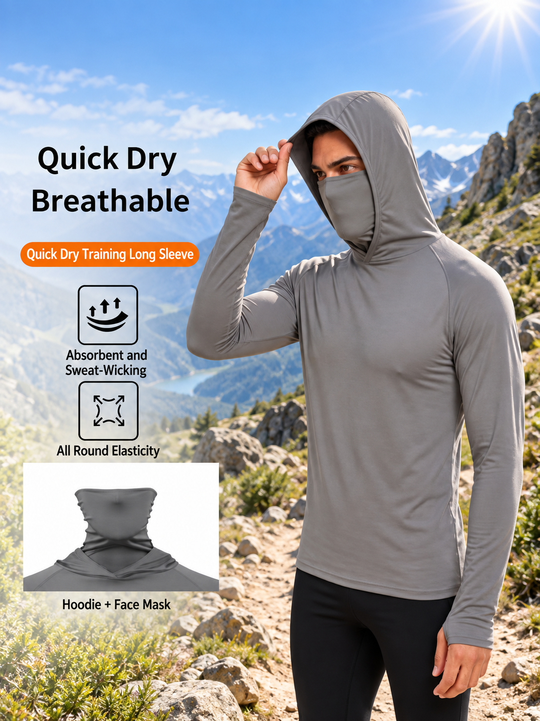 UPF 50+ Long-Sleeve Sun-Protection Hoodie (with Sleeve Pocket and Face Mask)