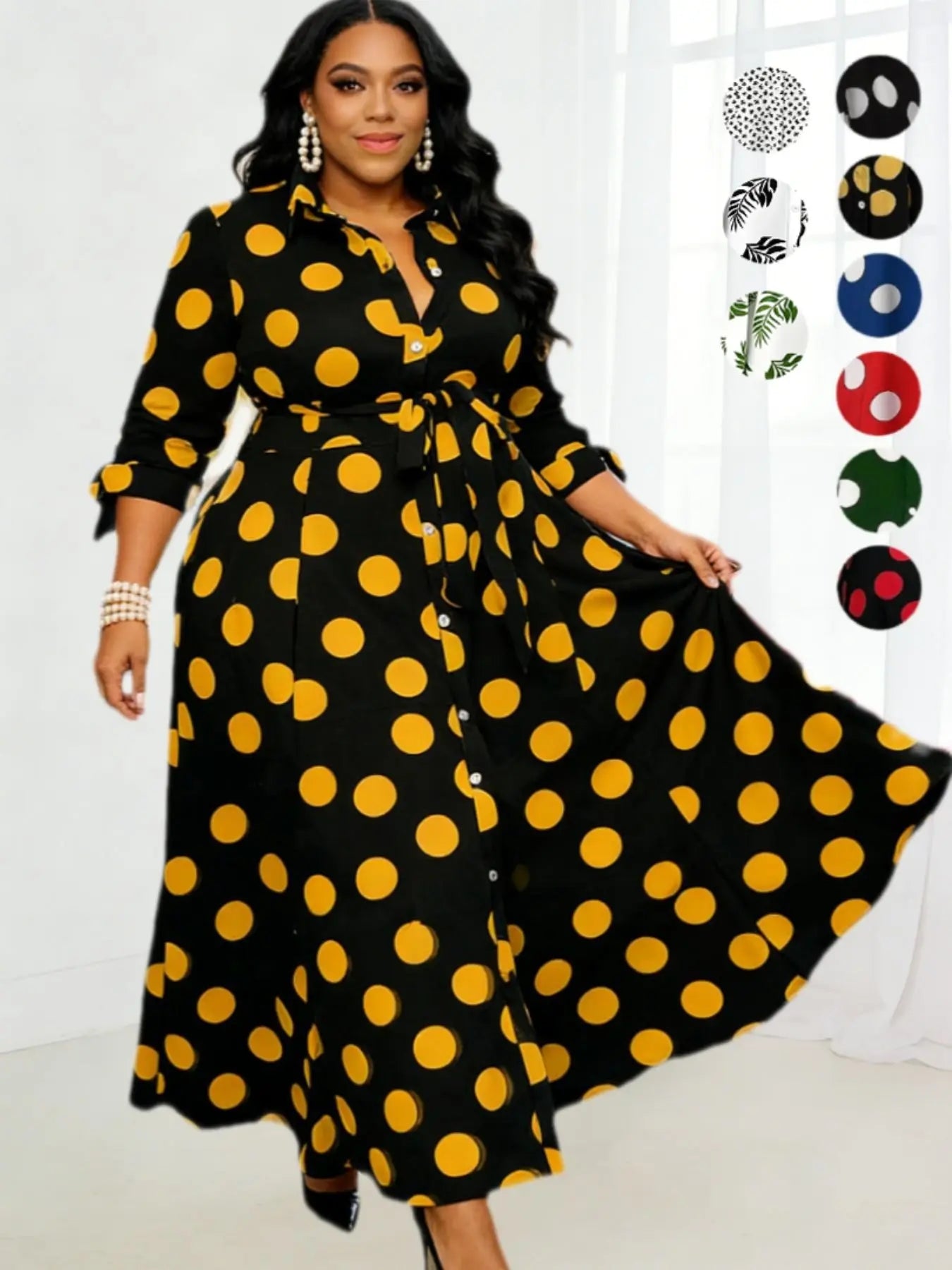 Women's Plus Size Long Sleeve Printed Shirt Dress