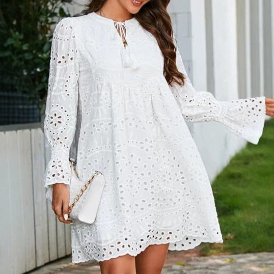 Womens 2026 Boho Dress Tassel V Neck Long Sleeve A Line Casual Hollow Out Lace Ruffle Party Dresses