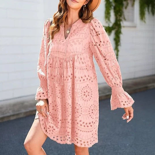 Womens 2026 Boho Dress Tassel V Neck Long Sleeve A Line Casual Hollow Out Lace Ruffle Party Dresses