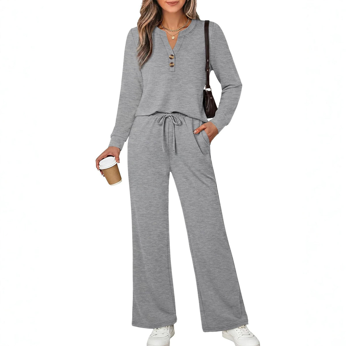 Fall & Winter Casual Two-Piece Set – Long-Sleeve Shirt & Wide-Leg Pants