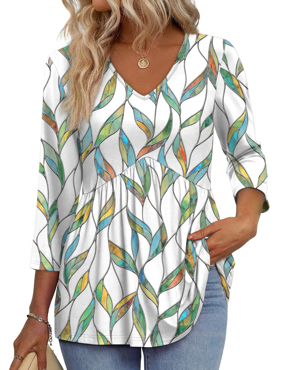 Women’s 3/4 Sleeve V-Neck Babydoll Blouse – Dressy Casual Top