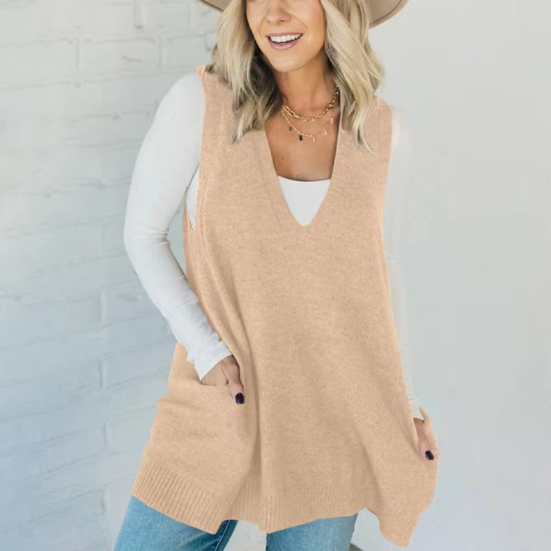 Womens Sleeveless Sweater Vest V Neck Casual Loose Knit A Line Flattering Tunic Top with Pockets Fashion Vest Sleeveless Sleeveless Minimalist Style