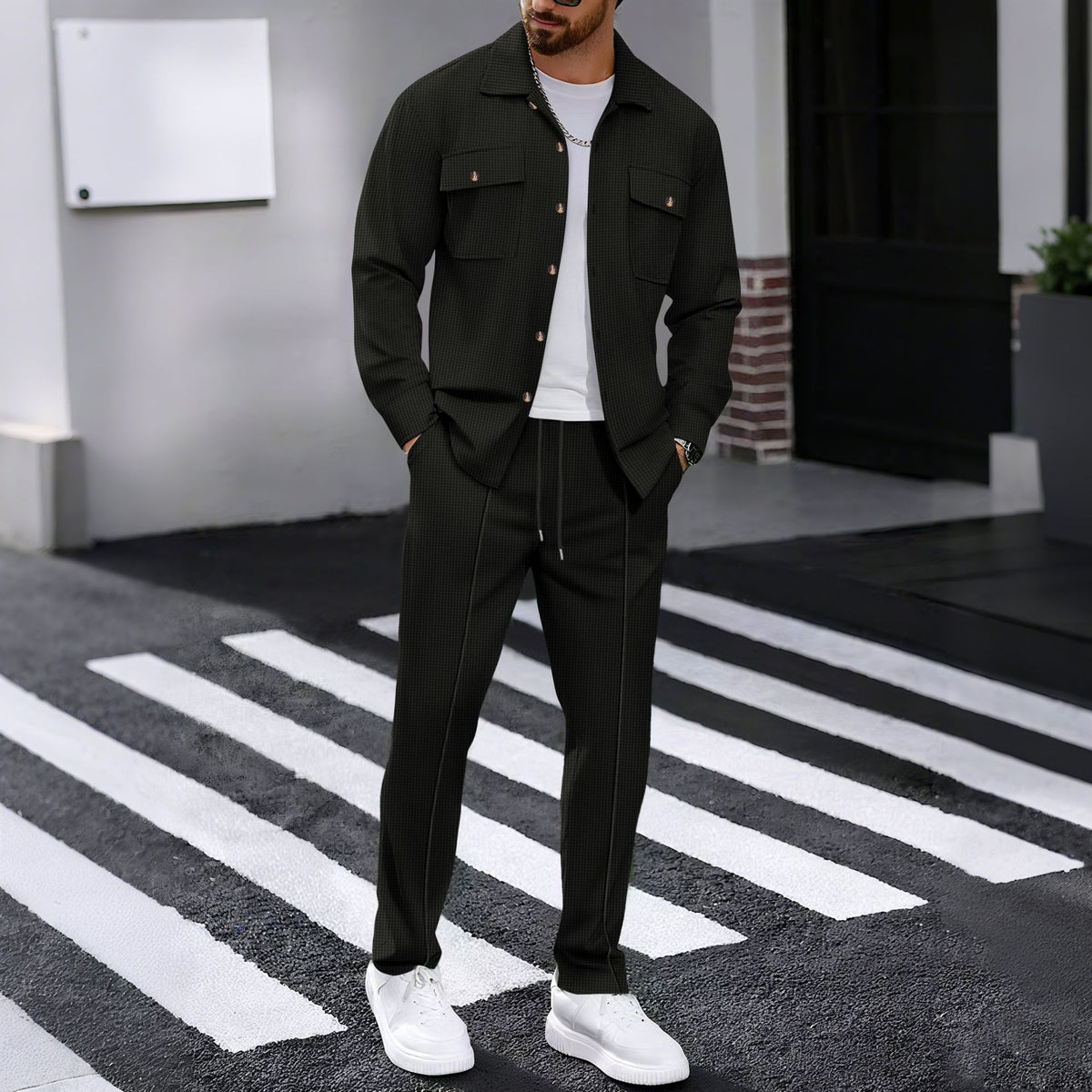 Men’s Textured Knit Shirt & Drawstring Pants Set – Casual Two-Piece Outfit