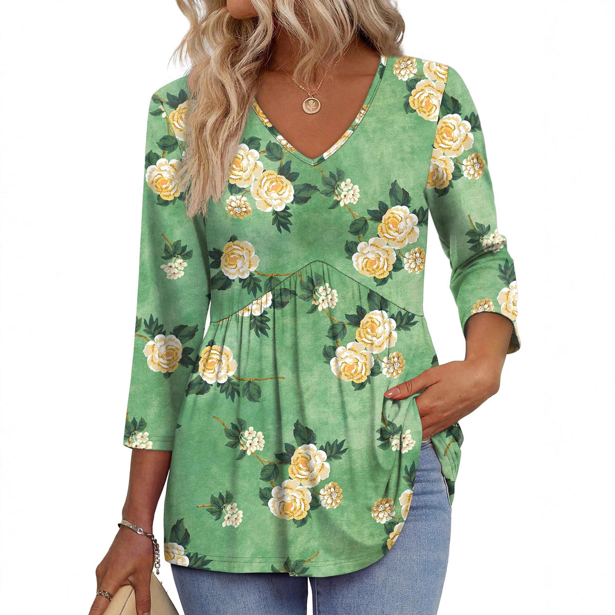 Women’s 3/4 Sleeve V-Neck Babydoll Blouse – Dressy Casual Top