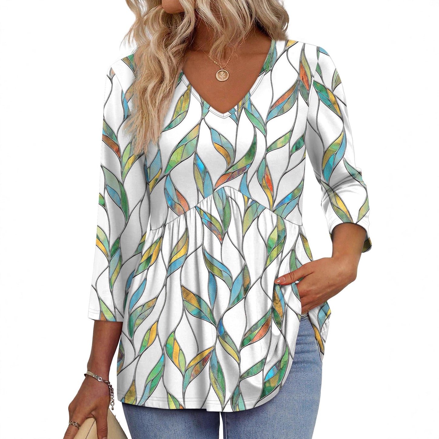 Women’s 3/4 Sleeve V-Neck Babydoll Blouse – Dressy Casual Top