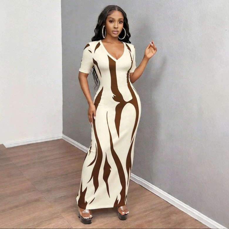 Amazon'S New Cross-Border Foreign Trade Commuter Style Sexy Versatile V-Neck Slim Pleated Short-Sleeved Printed Dress