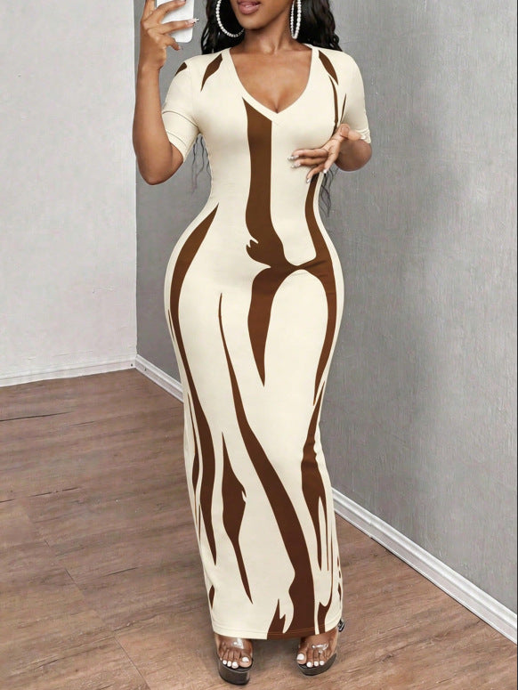 Amazon'S New Cross-Border Foreign Trade Commuter Style Sexy Versatile V-Neck Slim Pleated Short-Sleeved Printed Dress