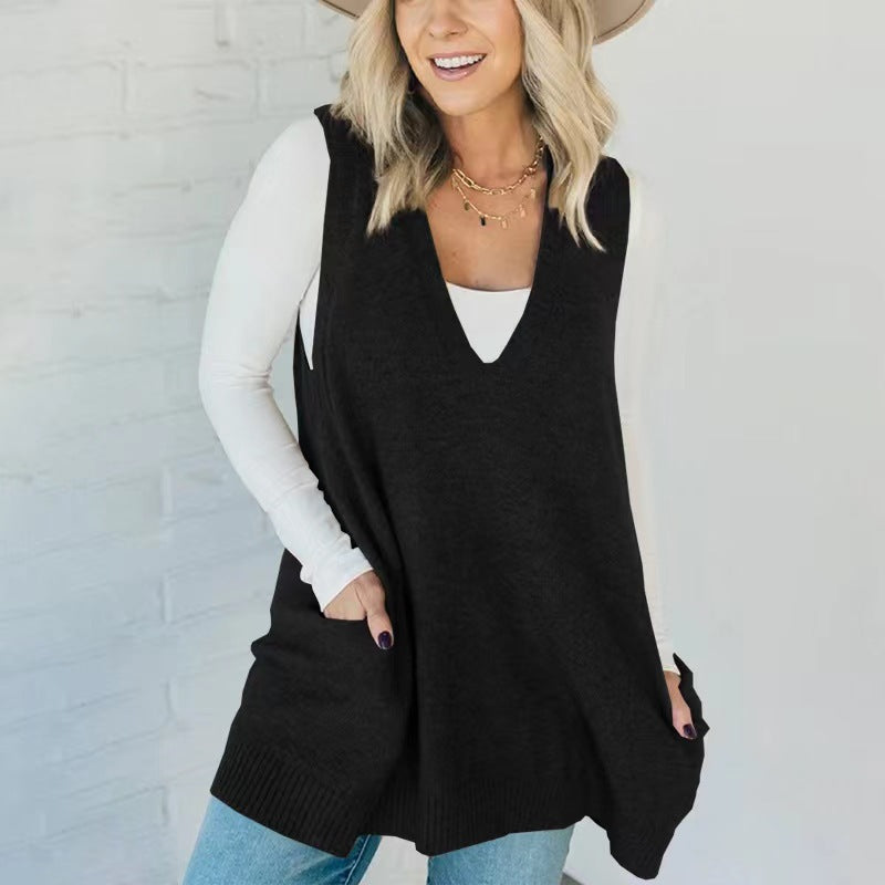 Womens Sleeveless Sweater Vest V Neck Casual Loose Knit A Line Flattering Tunic Top with Pockets Fashion Vest Sleeveless Sleeveless Minimalist Style