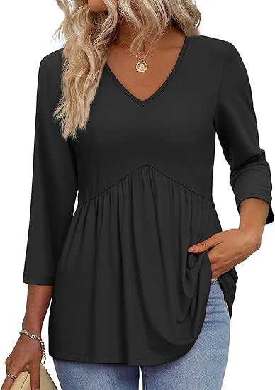 Women’s 3/4 Sleeve V-Neck Babydoll Blouse – Dressy Casual Top