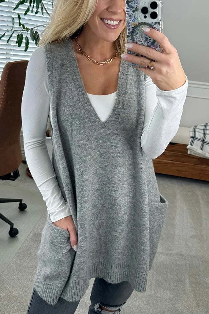 Womens Sleeveless Sweater Vest V Neck Casual Loose Knit A Line Flattering Tunic Top with Pockets Fashion Vest Sleeveless Sleeveless Minimalist Style