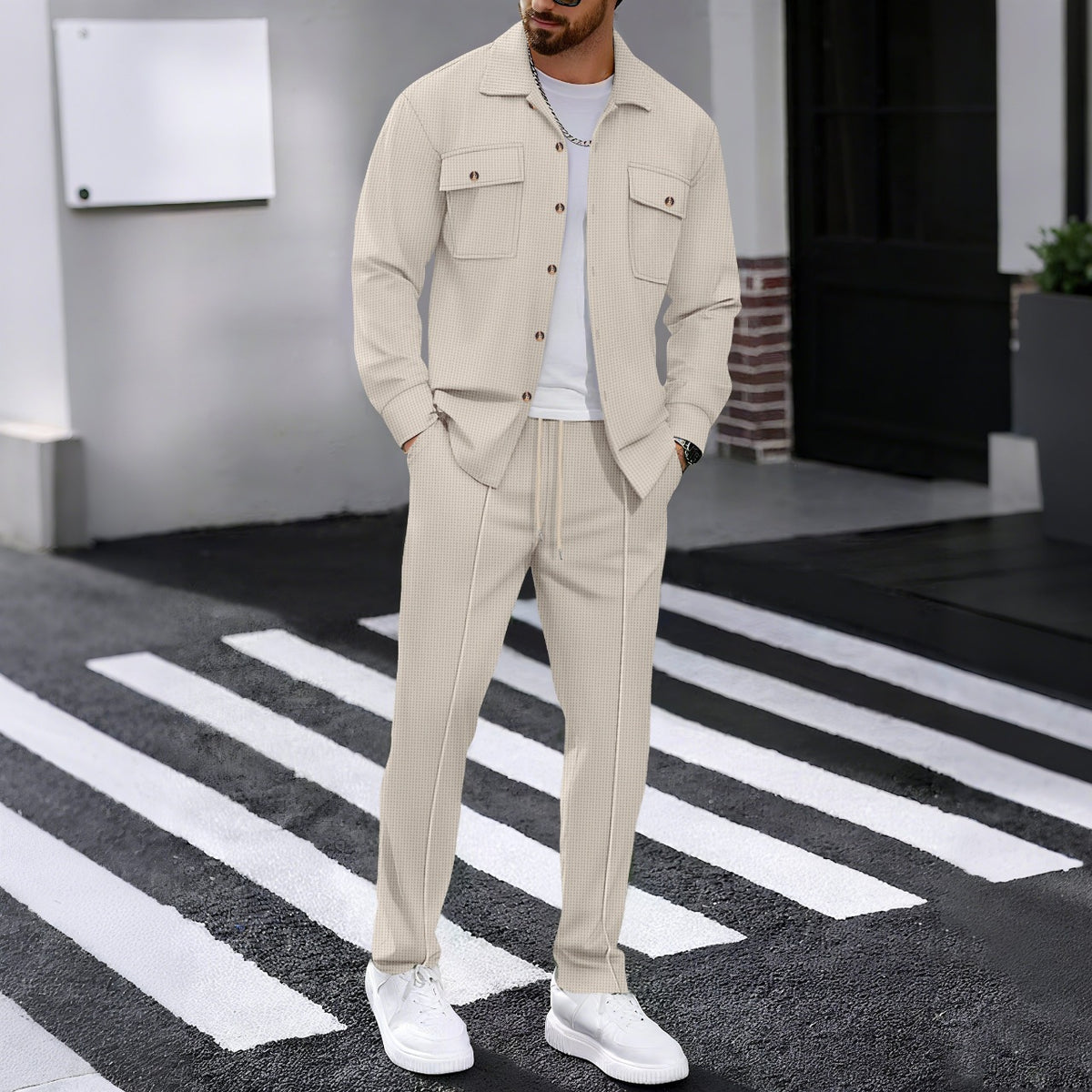 Men’s Textured Knit Shirt & Drawstring Pants Set – Casual Two-Piece Outfit