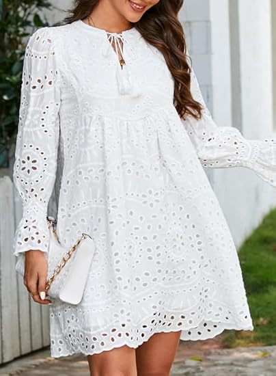 Womens 2026 Boho Dress Tassel V Neck Long Sleeve A Line Casual Hollow Out Lace Ruffle Party Dresses