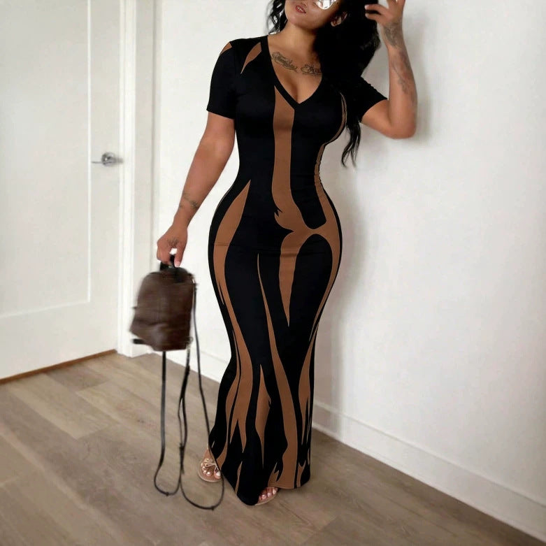 Amazon'S New Cross-Border Foreign Trade Commuter Style Sexy Versatile V-Neck Slim Pleated Short-Sleeved Printed Dress