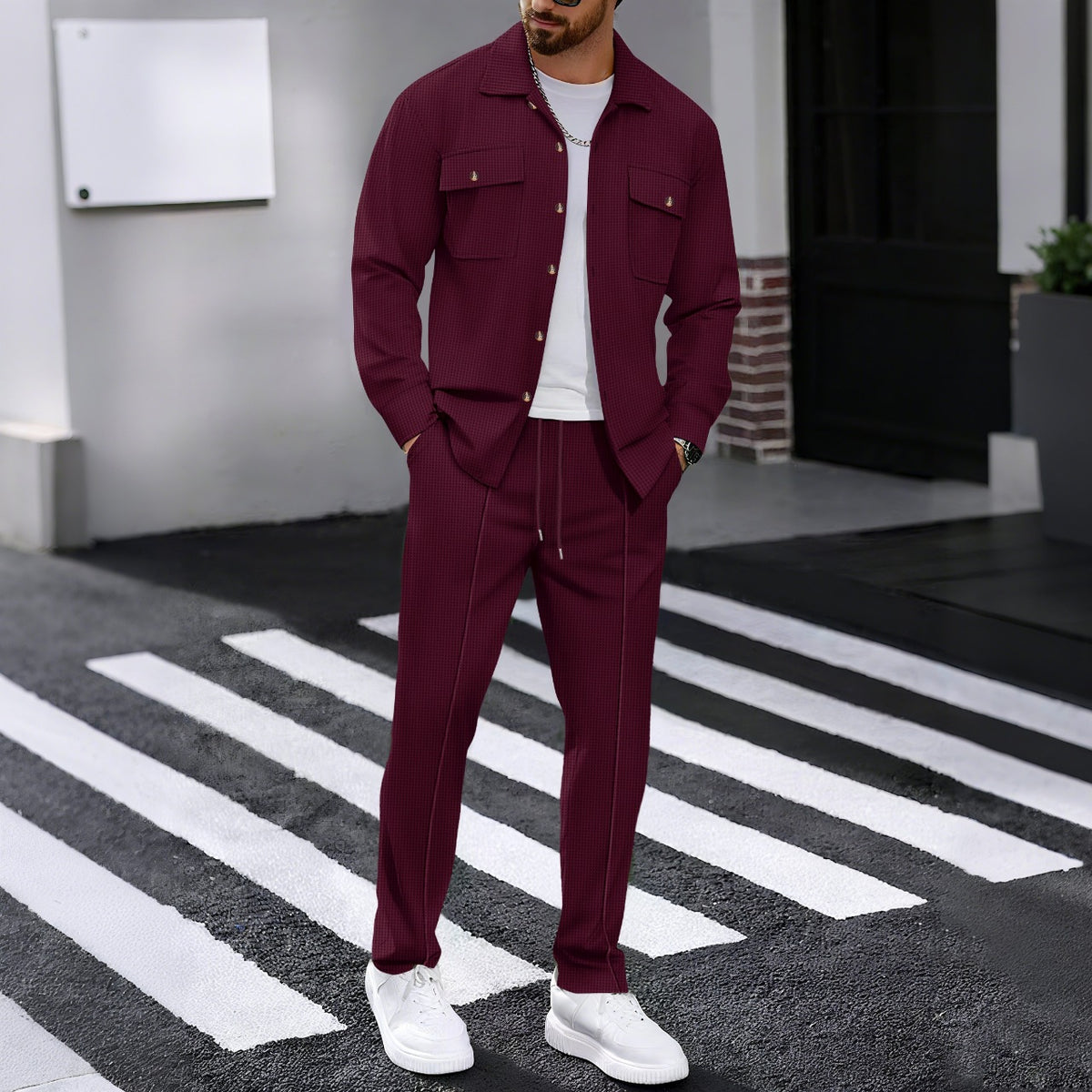 Men’s Textured Knit Shirt & Drawstring Pants Set – Casual Two-Piece Outfit