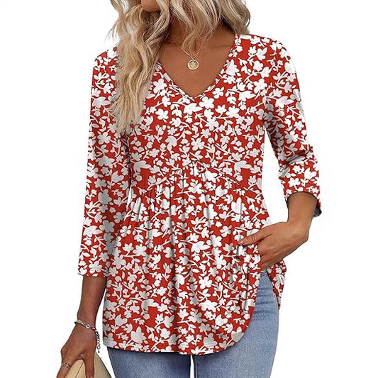 Women’s 3/4 Sleeve V-Neck Babydoll Blouse – Dressy Casual Top