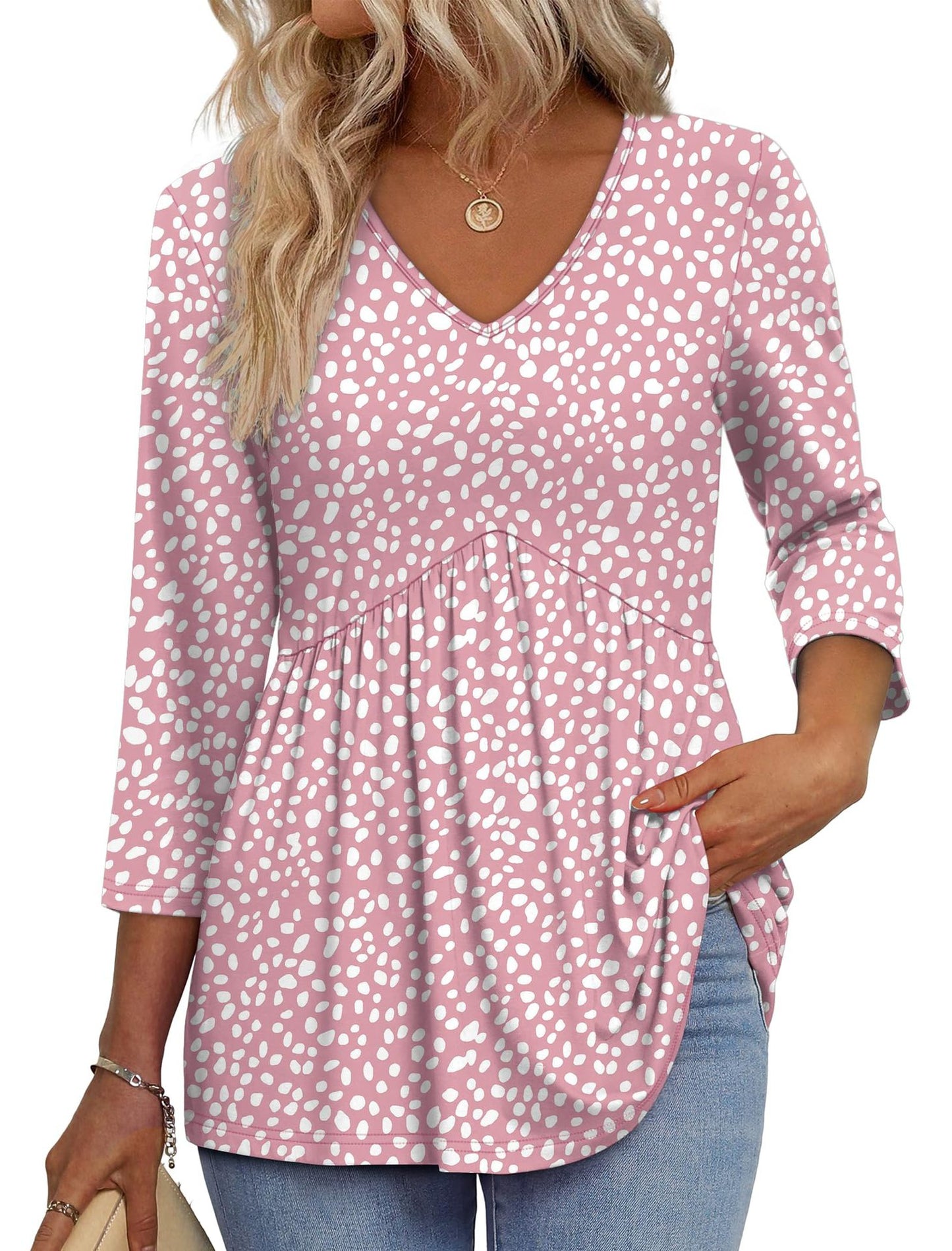 Women’s 3/4 Sleeve V-Neck Babydoll Blouse – Dressy Casual Top