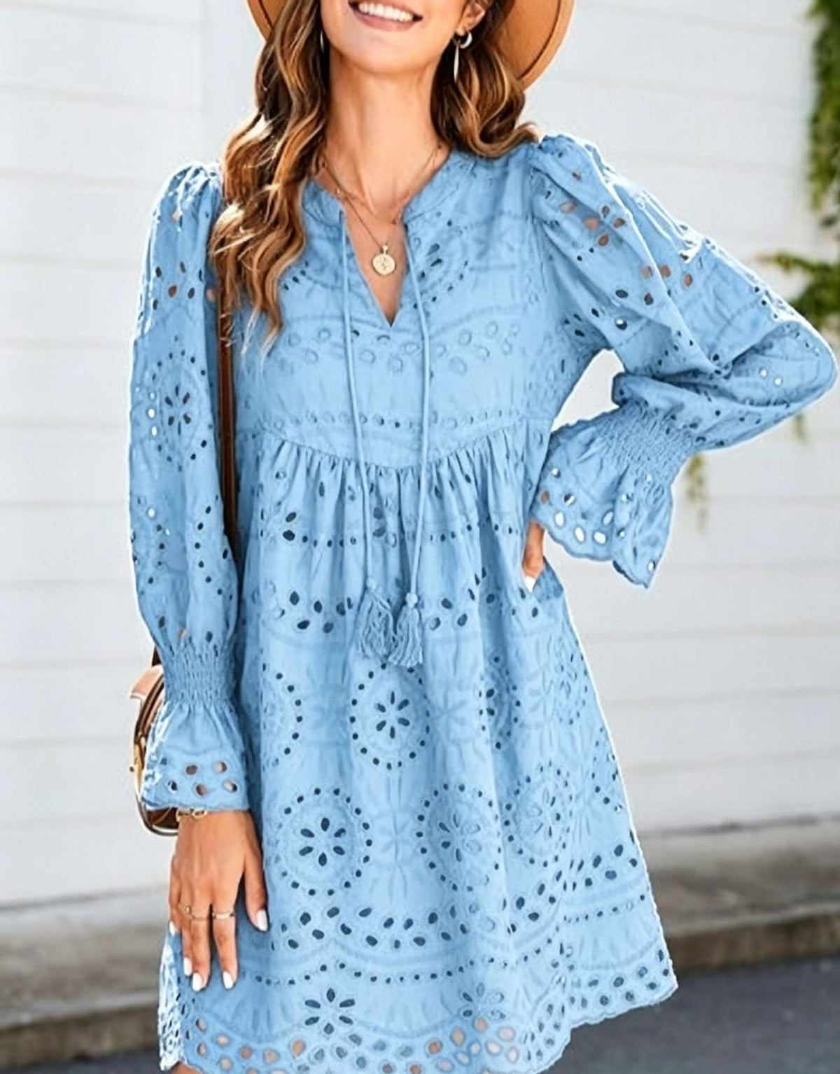 Womens 2026 Boho Dress Tassel V Neck Long Sleeve A Line Casual Hollow Out Lace Ruffle Party Dresses