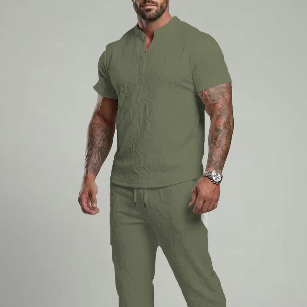 Men’s Textured Short Sleeve Top & Drawstring Pants Set – Casual Two-Piece Outfit