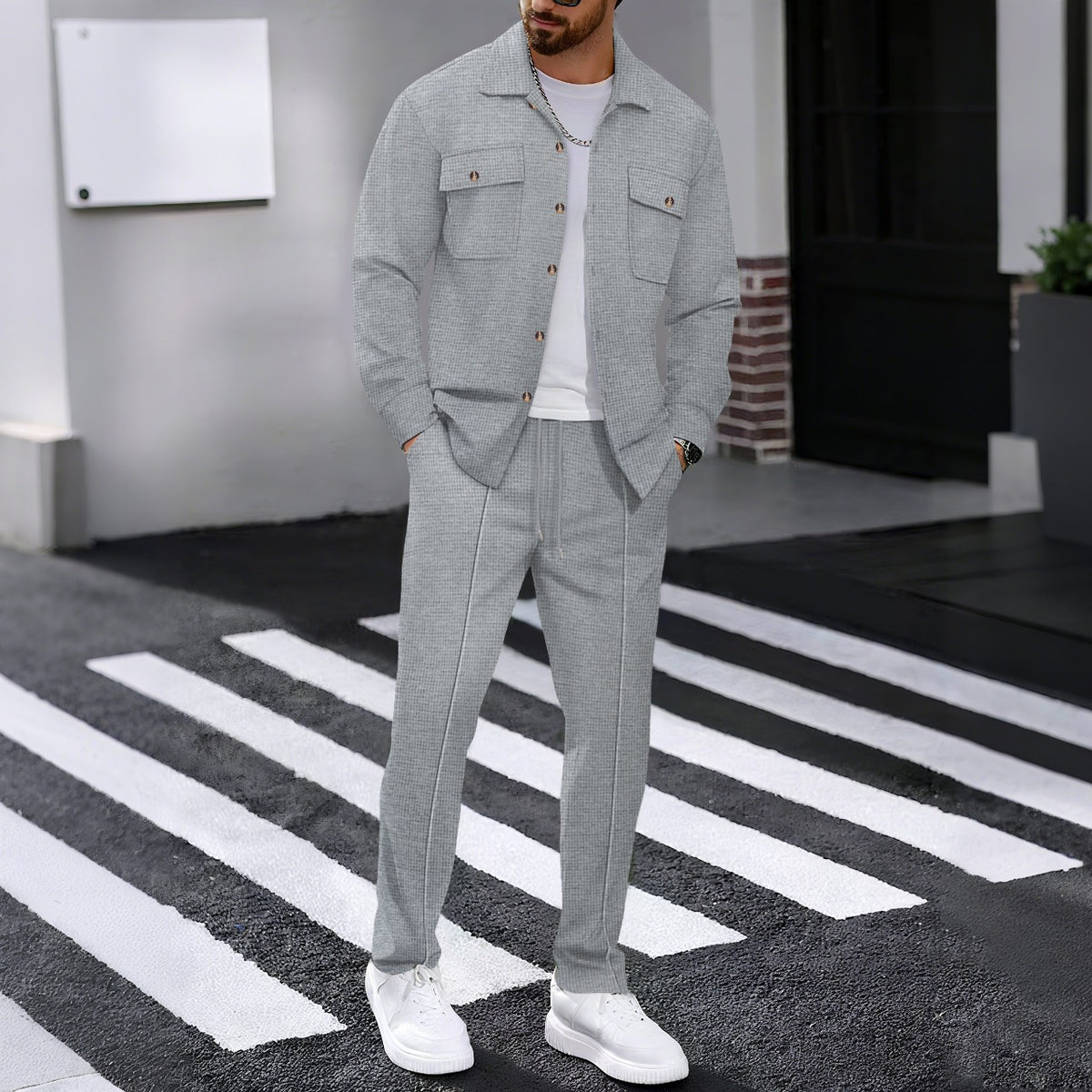 Men’s Textured Knit Shirt & Drawstring Pants Set – Casual Two-Piece Outfit