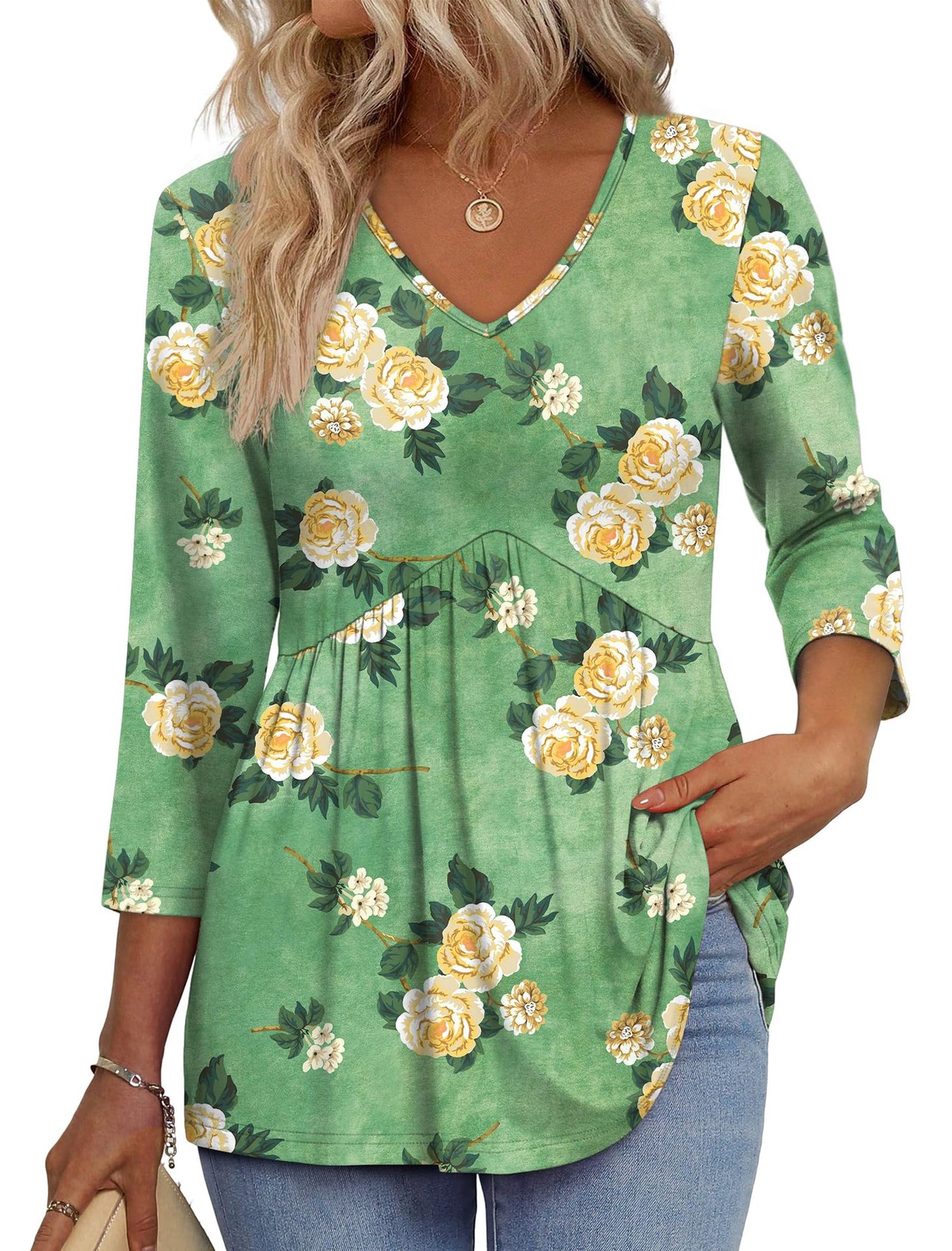 Women’s 3/4 Sleeve V-Neck Babydoll Blouse – Dressy Casual Top