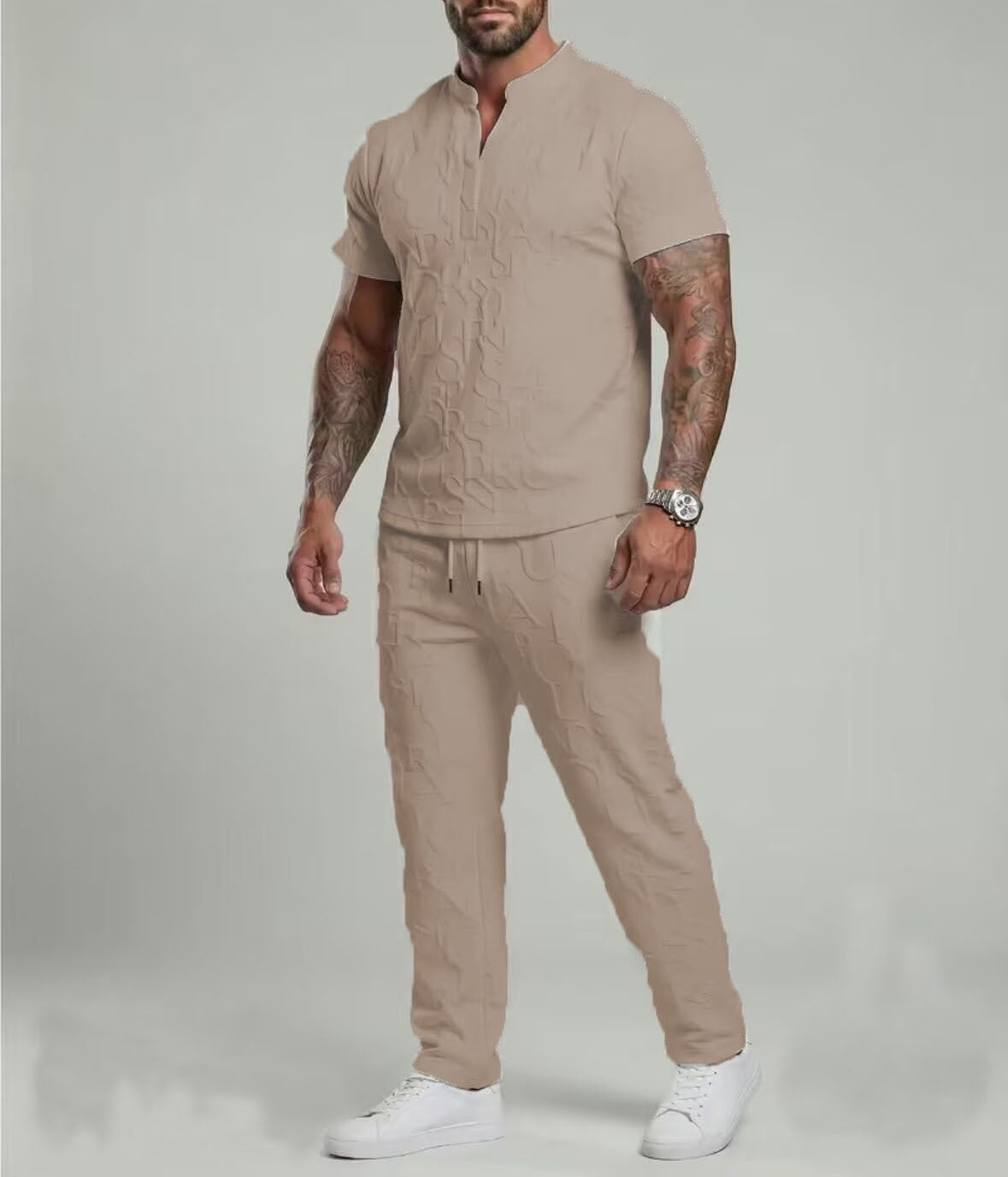 Men’s Textured Short Sleeve Top & Drawstring Pants Set – Casual Two-Piece Outfit