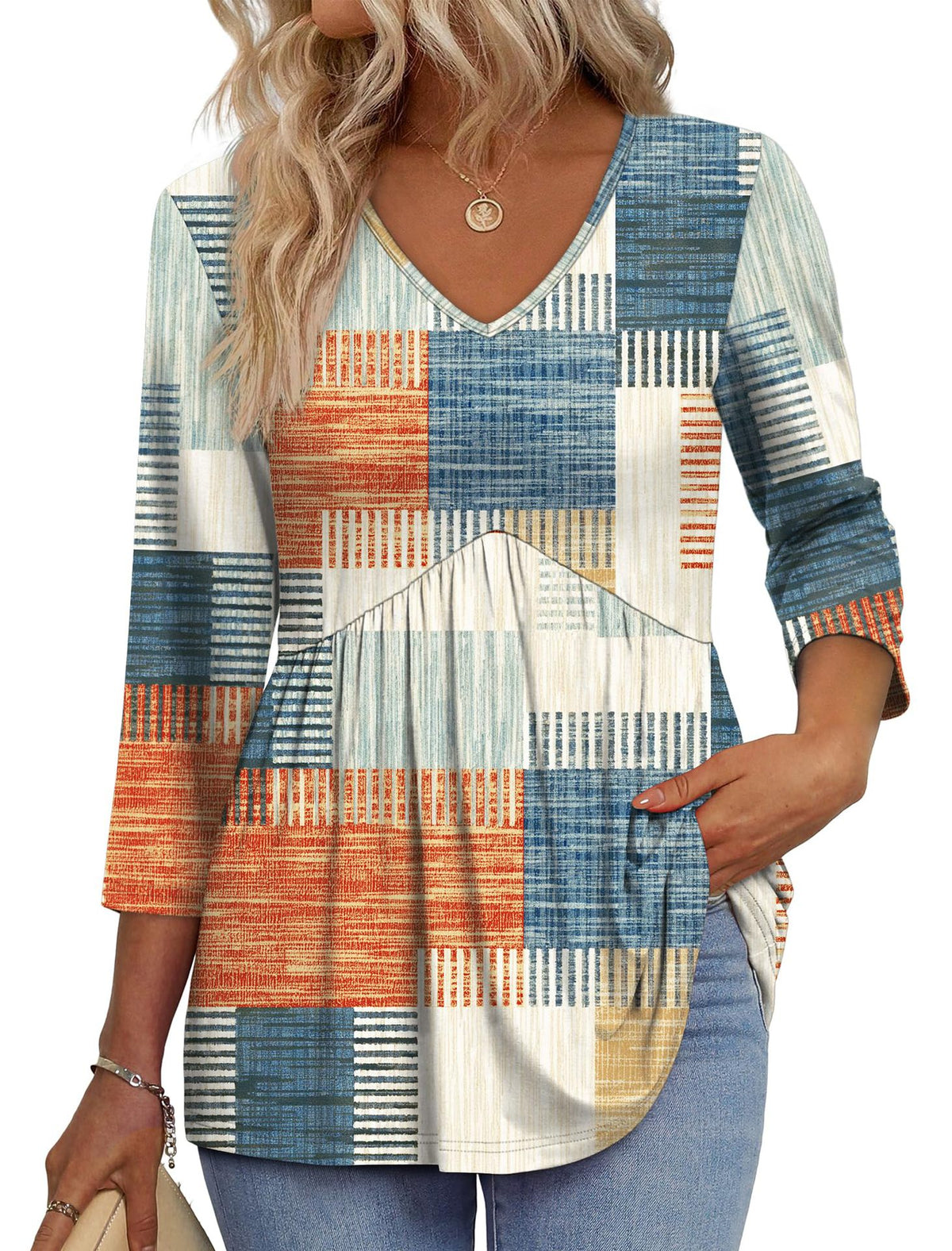 Women’s 3/4 Sleeve V-Neck Babydoll Blouse – Dressy Casual Top