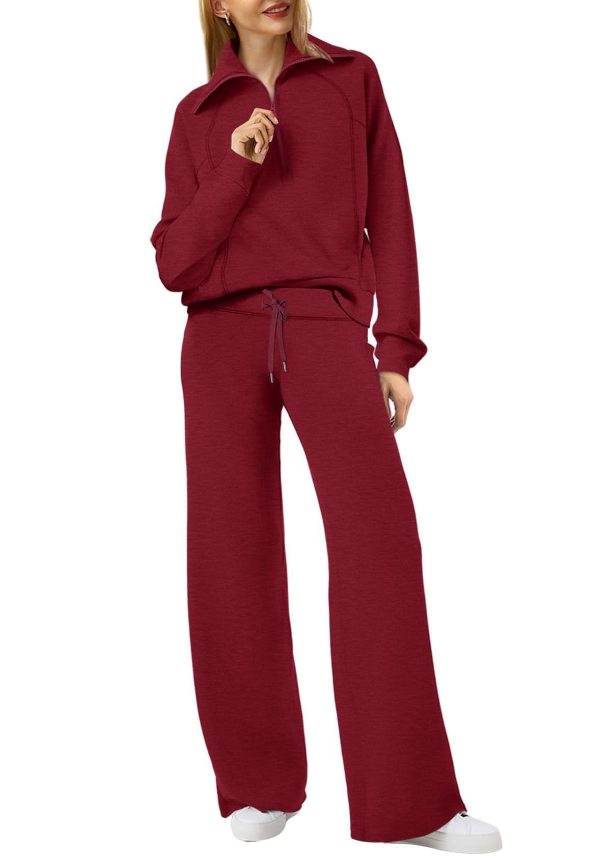 Women’s Half-Zip Sweatshirt & Wide-Leg Pants Set – Relaxed Two-Piece Outfit