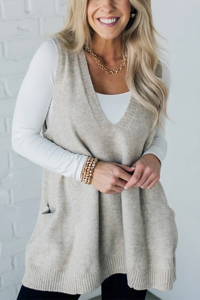 Womens Sleeveless Sweater Vest V Neck Casual Loose Knit A Line Flattering Tunic Top with Pockets Fashion Vest Sleeveless Sleeveless Minimalist Style