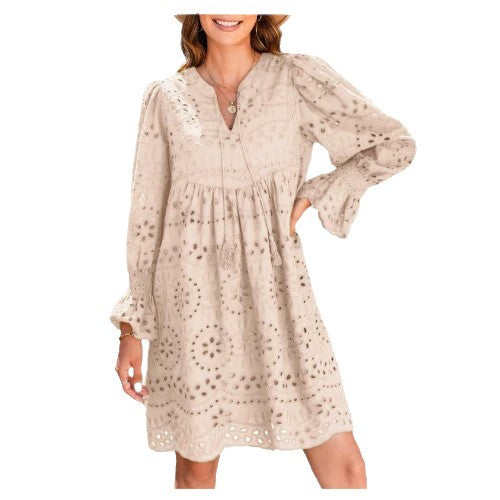 Womens 2026 Boho Dress Tassel V Neck Long Sleeve A Line Casual Hollow Out Lace Ruffle Party Dresses