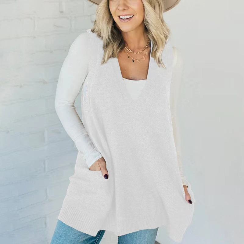 Womens Sleeveless Sweater Vest V Neck Casual Loose Knit A Line Flattering Tunic Top with Pockets Fashion Vest Sleeveless Sleeveless Minimalist Style