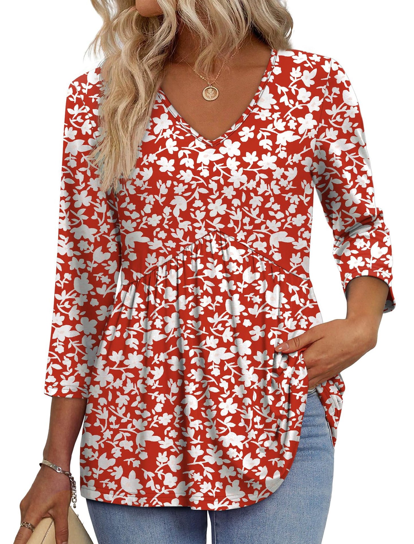 Women’s 3/4 Sleeve V-Neck Babydoll Blouse – Dressy Casual Top